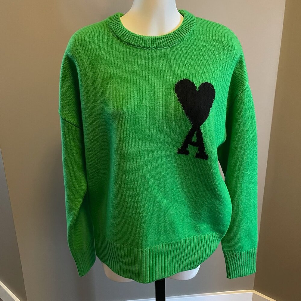 Green AMI Paris Ami de Coeur Merino Wool Crewneck Sweater